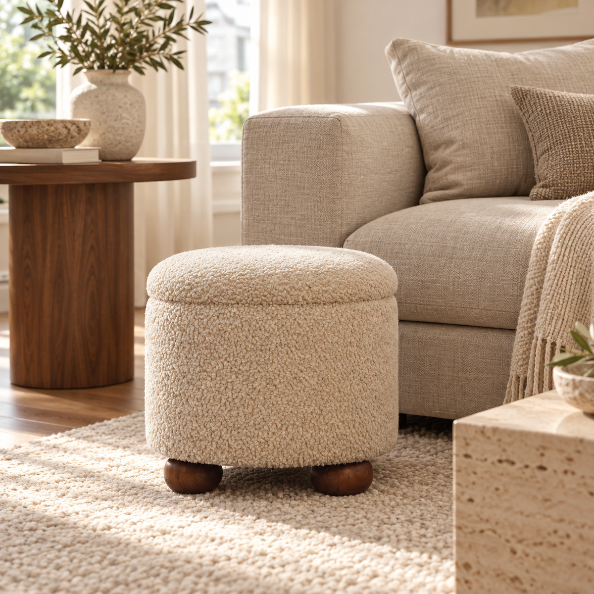 Cream Bouclé Storage Footstool, lifestyle 2, AI styled scene; accessories not included