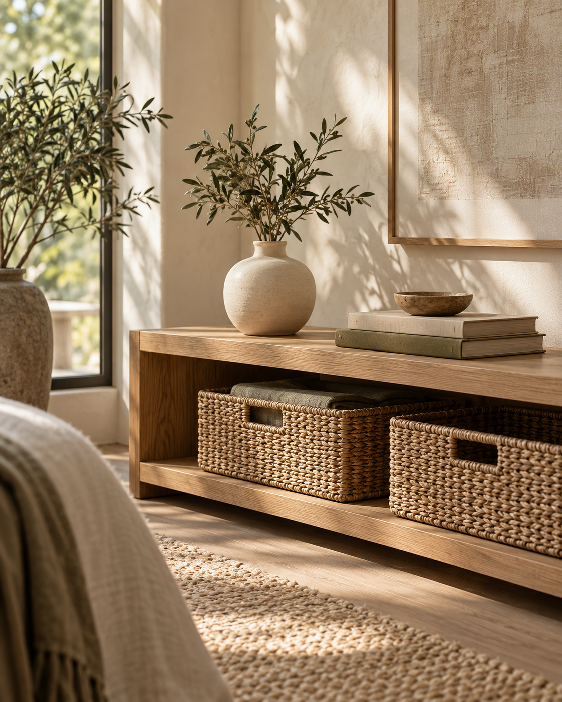 AI-generated editorial interior with oak shelving, woven storage baskets and a ceramic vase in soft daylight