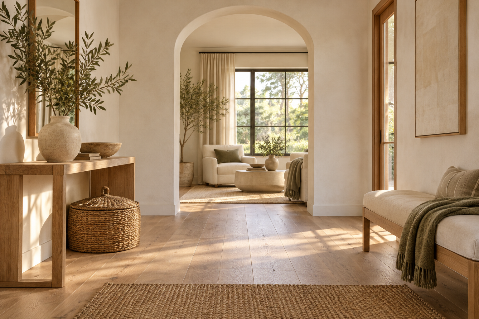 A calm sunlit entryway with an arched opening, pale oak furniture, a woven storage basket and soft neutral seating