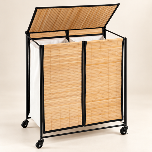 AI-generated studio image of Bamboo Two-Section Rolling Laundry Hamper