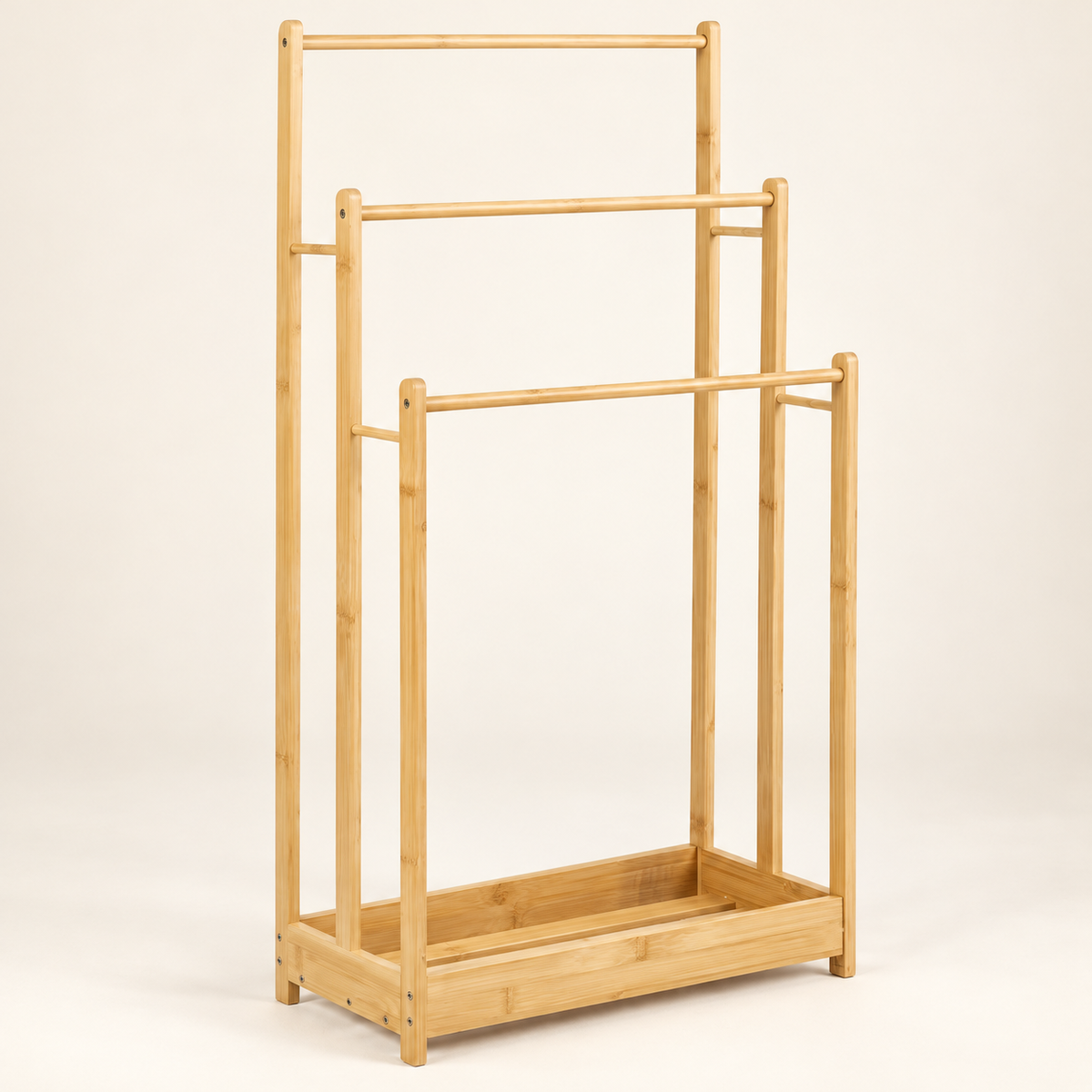 AI-generated studio image of Natural Bamboo Freestanding Towel Rack with Shelf
