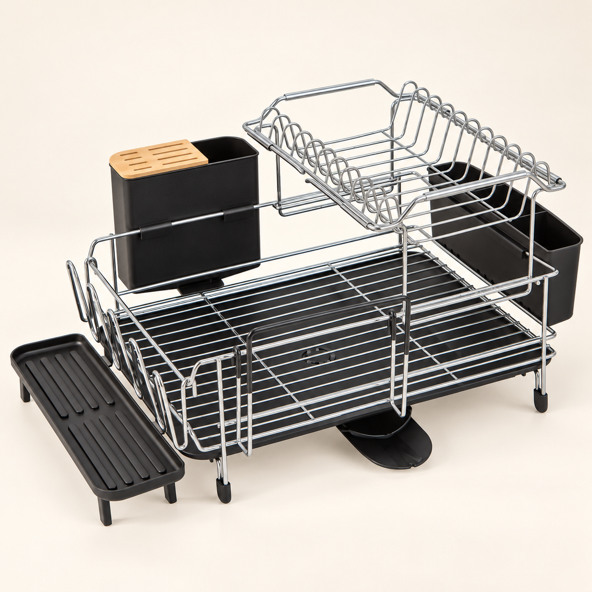 AI-generated studio image of Silver Two-Tier Dish Rack with Drainboard