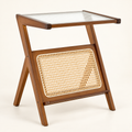 AI-generated studio image of Walnut Finish Glass-Top Side Table with Magazine Shelf